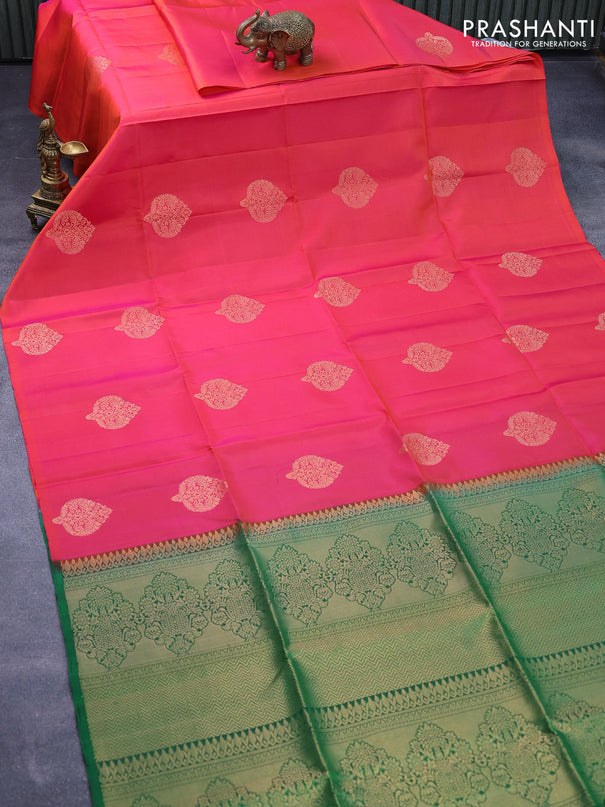 Pure soft silk saree dual shade of pink and green with zari woven buttas in boderless style
