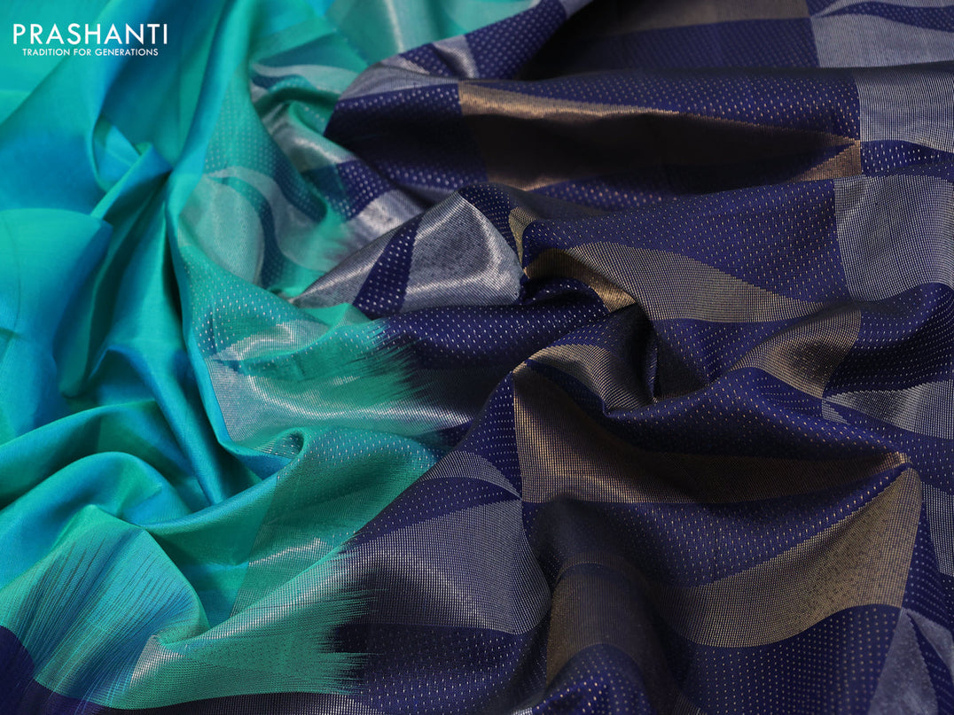 Pure soft silk saree dual shade of teal bluish green and blue with silver zari woven buttas and long temple design zari woven border