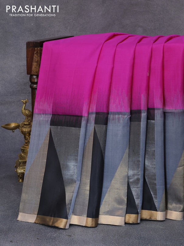 Pure soft silk saree pink and black with silver zari woven buttas and long temple design zari woven border