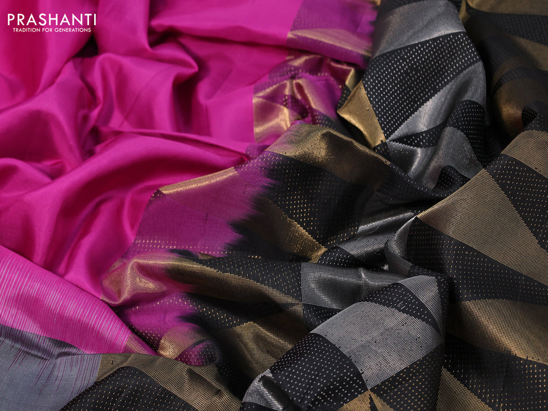 Pure soft silk saree pink and black with silver zari woven buttas and long temple design zari woven border