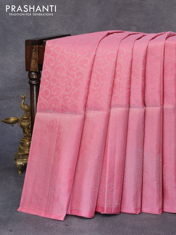 Pure soft silk saree pink with allover silver zari woven brocade weaves and long silver zari woven border