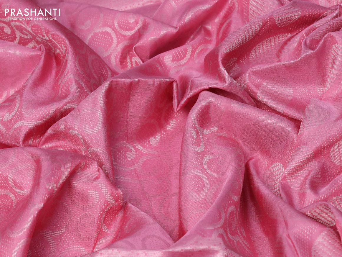 Pure soft silk saree pink with allover silver zari woven brocade weaves and long silver zari woven border