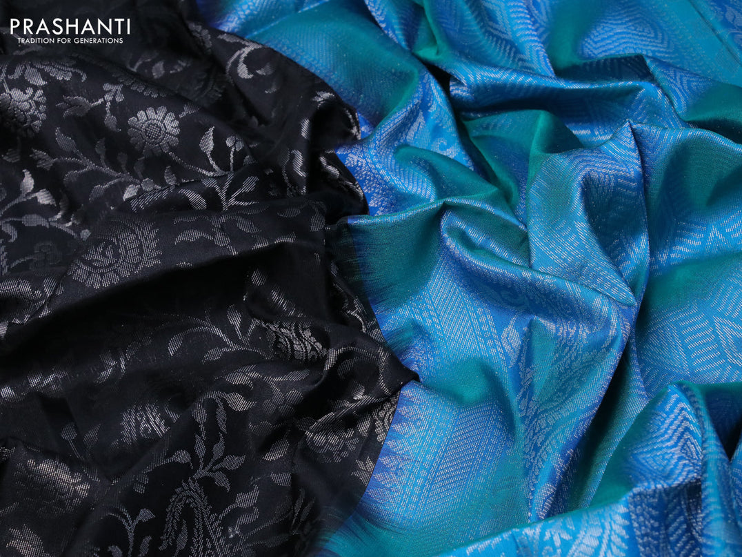 Pure soft silk saree black and dual shade of bluish green with allover silver zari brocade weaves in boderless style