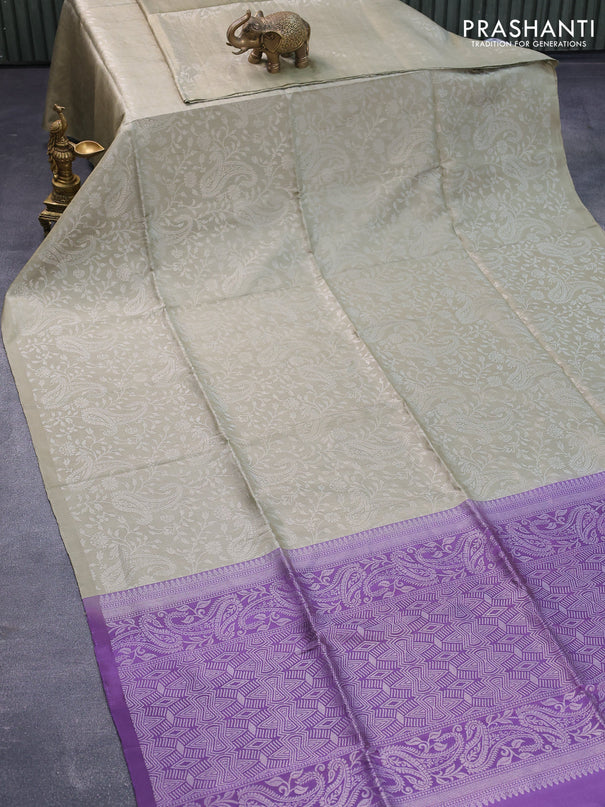 Pure soft silk saree elaichi green shade and lavender shade with allover silver zari brocade weaves in boderless style