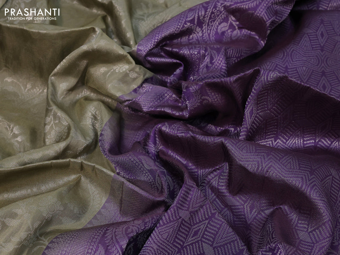 Pure soft silk saree elaichi green shade and lavender shade with allover silver zari brocade weaves in boderless style