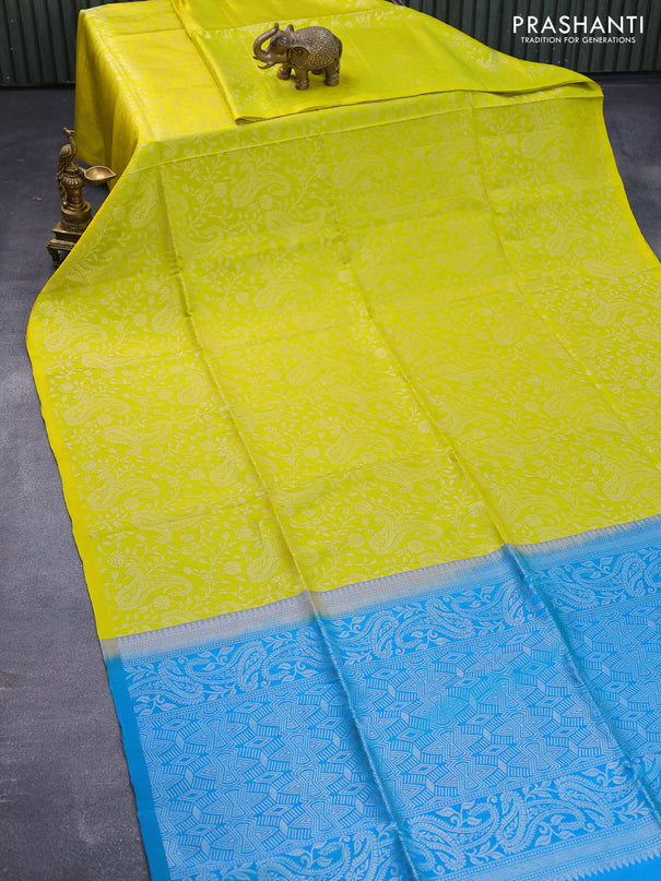 Pure soft silk saree lime yellow and dual shade of bluish green with allover silver zari woven brocade weaves in boderless style