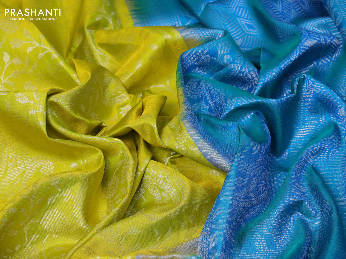 Pure soft silk saree lime yellow and dual shade of bluish green with allover silver zari woven brocade weaves in boderless style