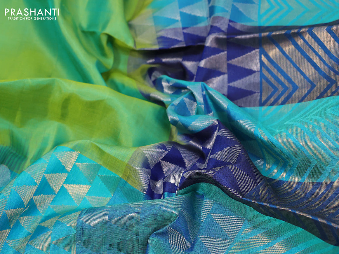 Pure soft silk saree dual shade of green and multi colour with plain body and long zari woven border