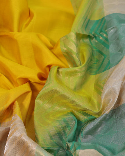 Pure soft silk saree mango yellow and multi colour with plain body and long zari woven border