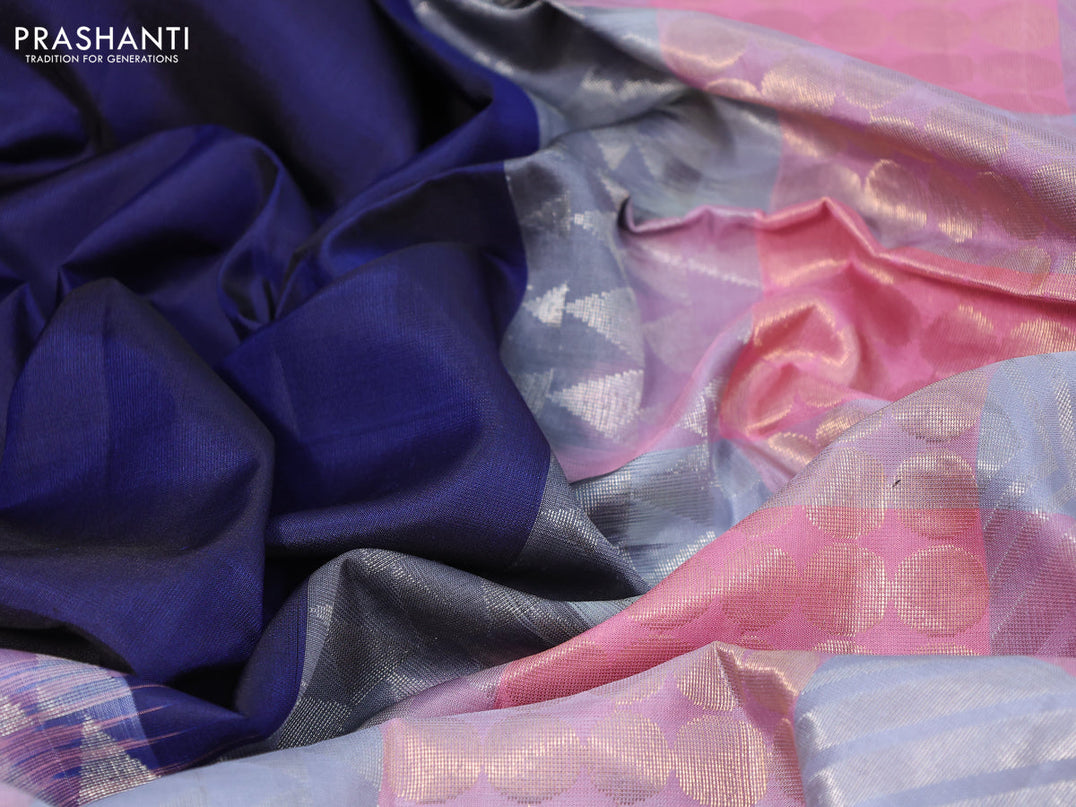 Pure soft silk saree blue and multi colour with plain body and long zari woven border