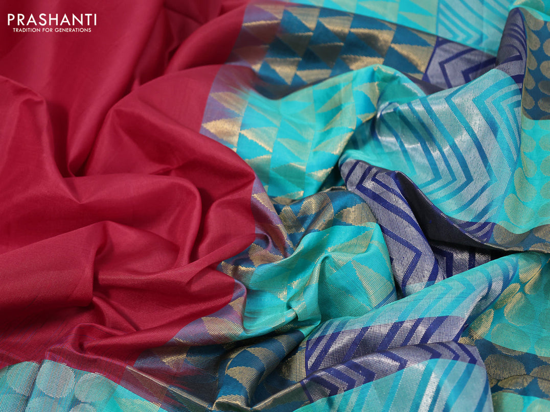 Pure soft silk saree red and multi colour with plain body and long zari woven border