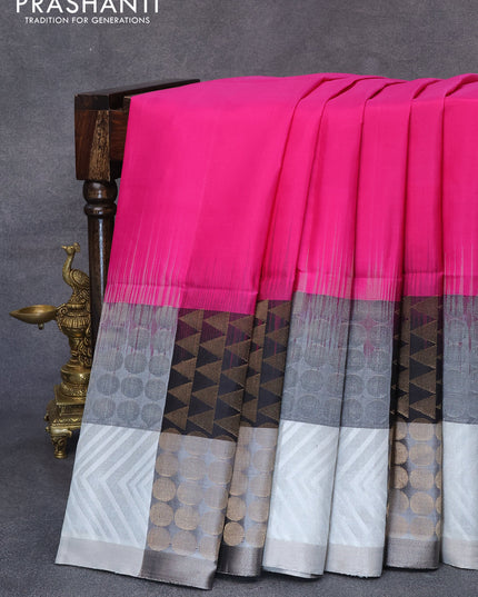 Pure soft silk saree pink and multi colour with plain body and long zari woven border