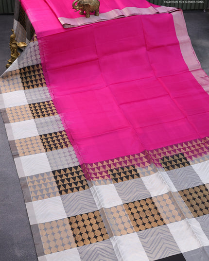 Pure soft silk saree pink and multi colour with plain body and long zari woven border