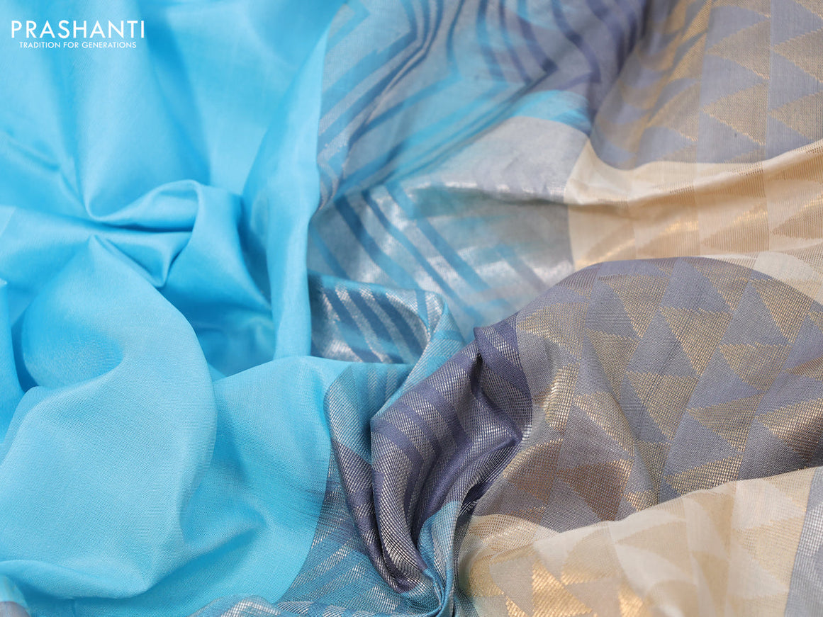 Pure soft silk saree light blue and multi colour with plain body and long zari woven border