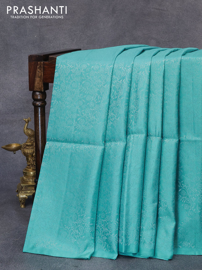 Pure soft silk saree light blue with allover silver zari woven brocade weaves in borderless style
