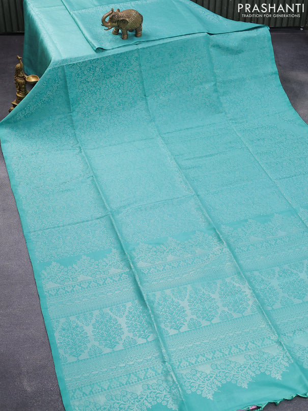 Pure soft silk saree light blue with allover silver zari woven brocade weaves in borderless style