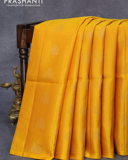 Pure soft silk saree yellow and dark sandal with allover zari weaves & buttas in borderless style