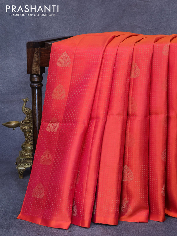 Pure soft silk saree dual shade of pinkish orange and cs blue with allover zari weaves & buttas in borderless style