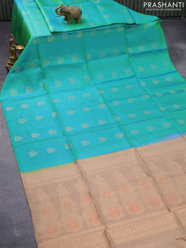 Pure soft silk saree dual shade of teal bluish green and dark sandal with allover zari weaves & buttas in borderless style