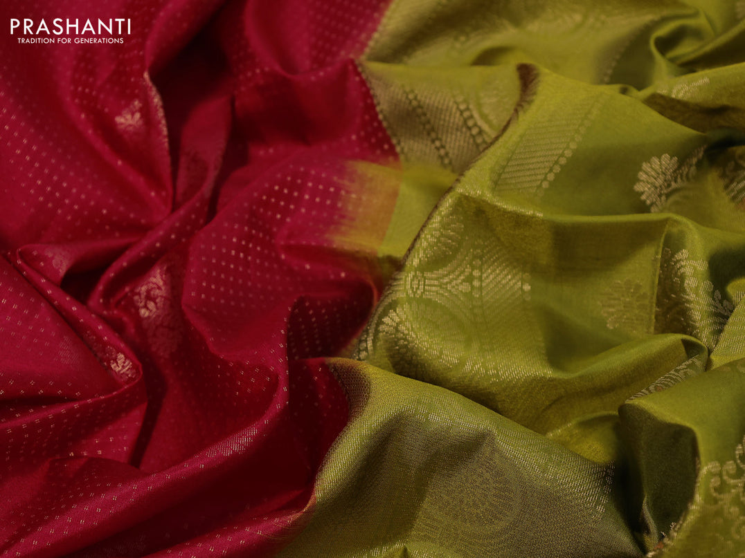 Pure soft silk saree red and mehendi green with allover zari weaves & buttas in borderless style