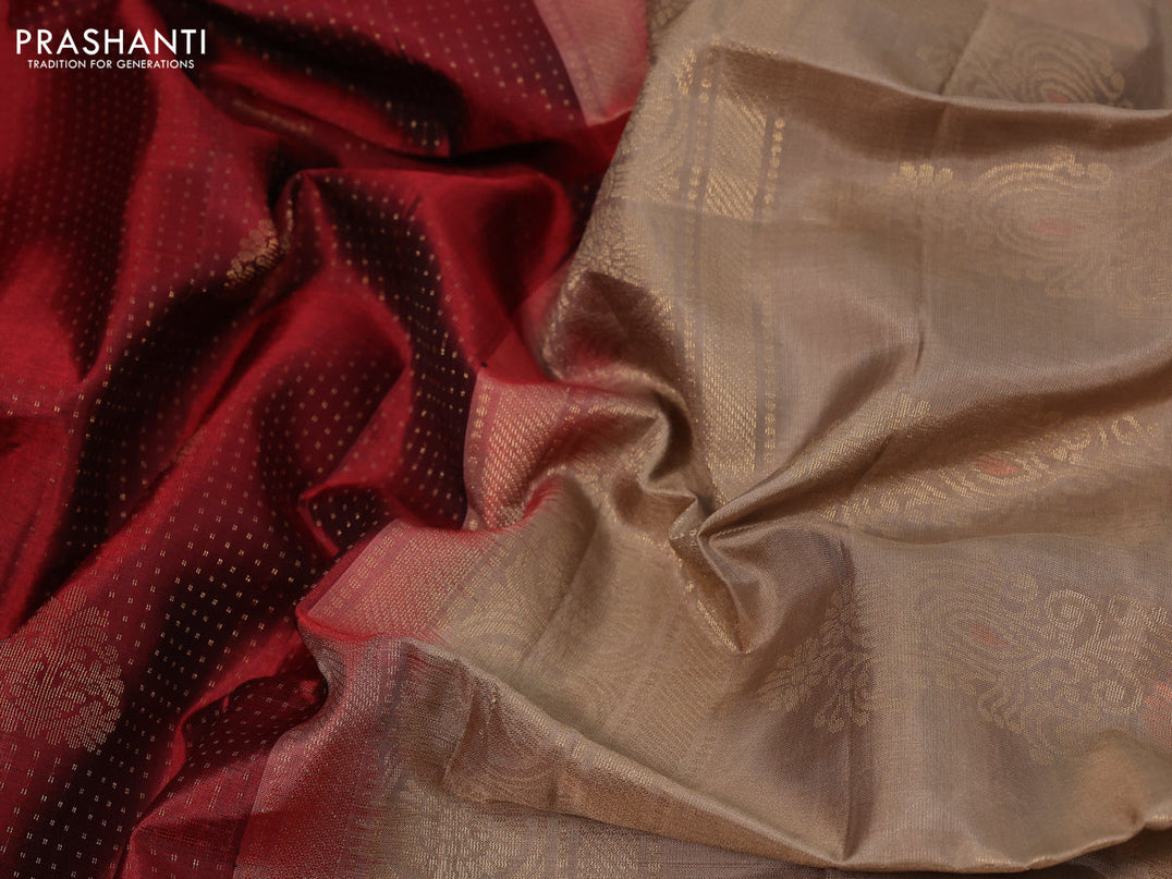 Pure soft silk saree maroon and brown shade with allover zari weaves & buttas in borderless style