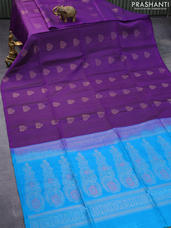 Pure soft silk saree deep violet and cs blue with allover zari weaves & buttas in borderless style