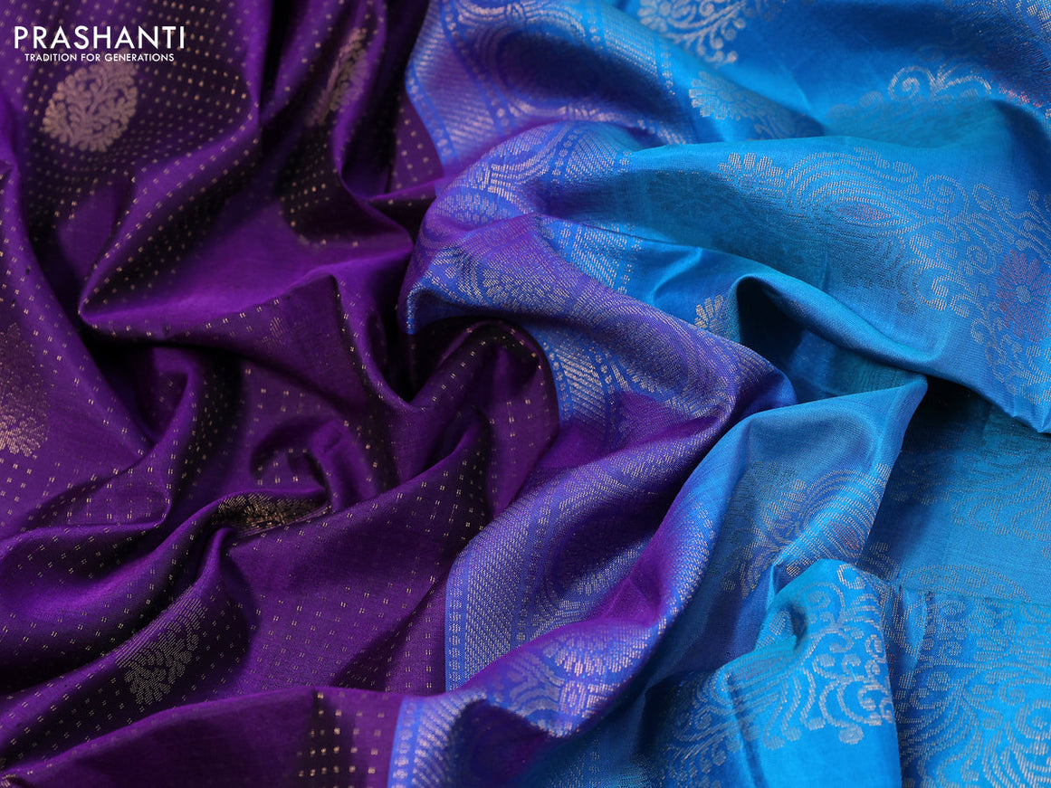 Pure soft silk saree deep violet and cs blue with allover zari weaves & buttas in borderless style