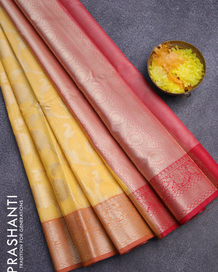 Banarasi kota saree yellow and red with allover floral weaves and zari woven border