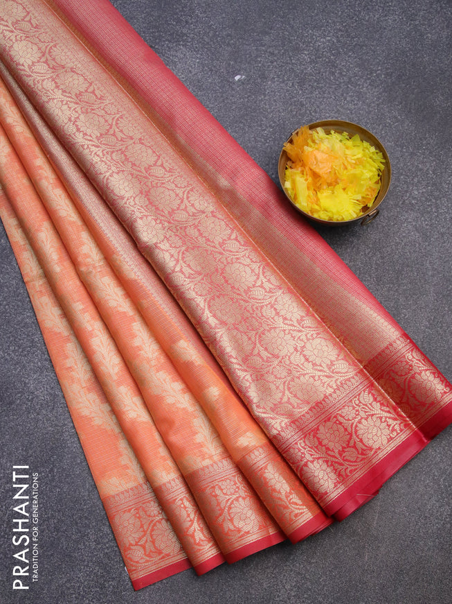 Banarasi kota saree orange and pink with allover zari weaves and floral zari woven border