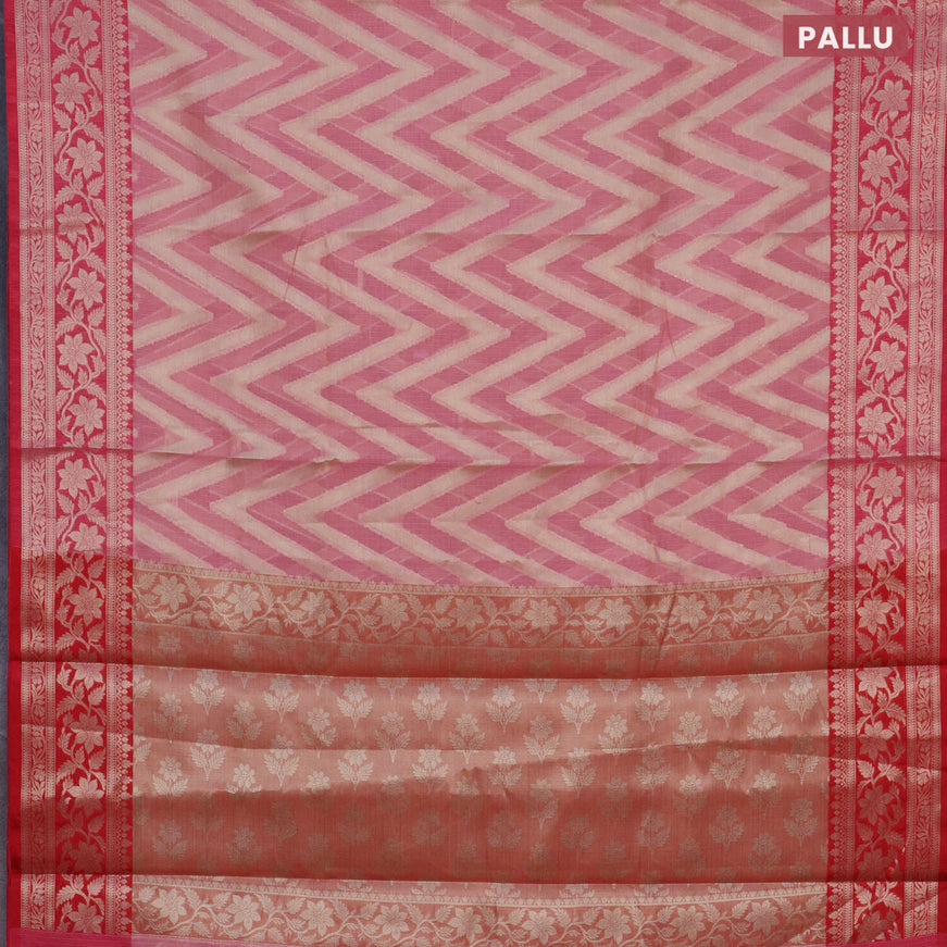 Banarasi kota saree peach pink and red with allover zari woven zig zag weaves and zari woven border