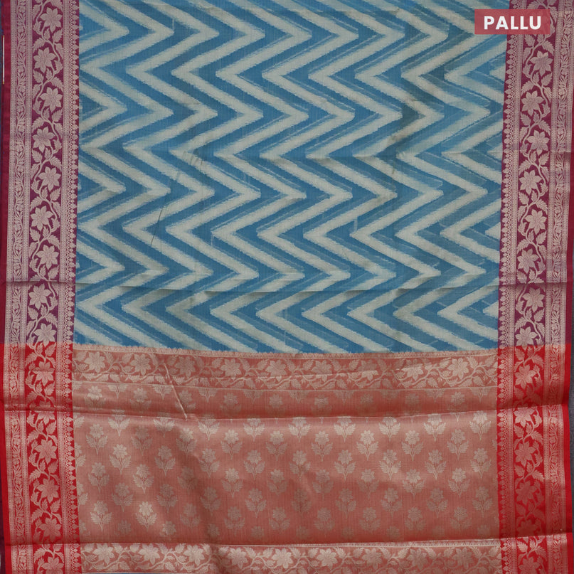 Banarasi kota saree blue shade and red with allover zari woven zig zag weaves and zari woven border