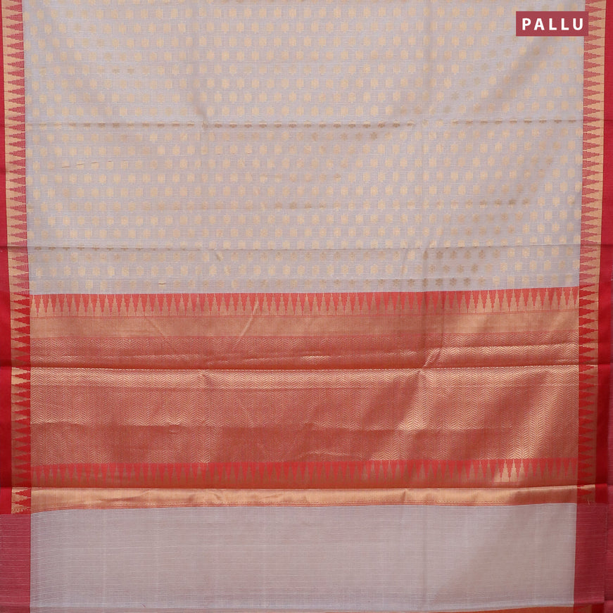 Banarasi kota saree off white and maroon with allover zari woven floral buttas and temple design zari woven border