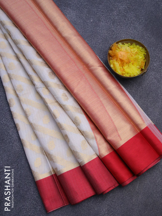 Banarasi kota saree off white and maroon with allover zari weaves & buttas and zari woven simple border