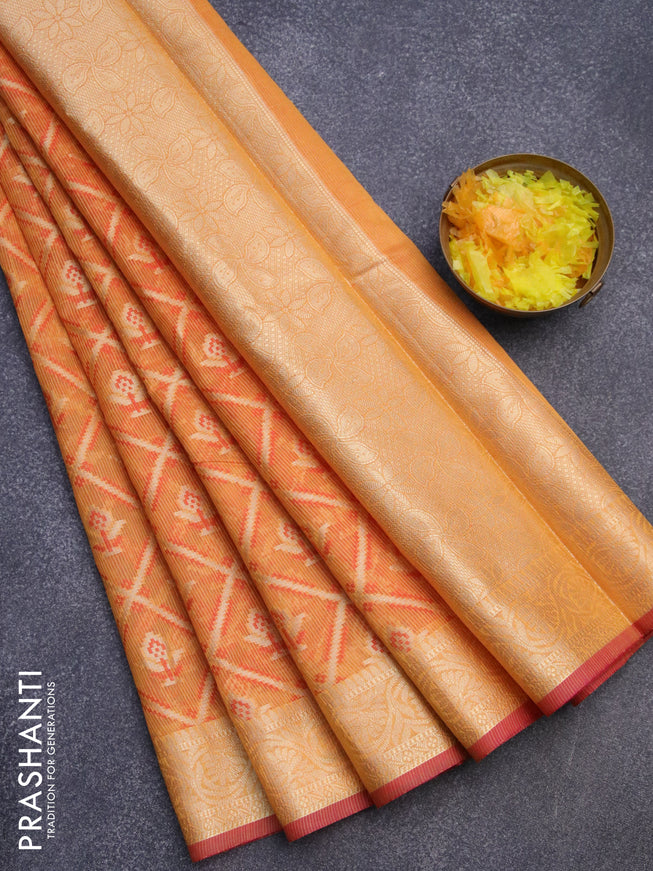 Banarasi kota saree mustard yellow and red shade with allover thread weaves and zari woven floral border