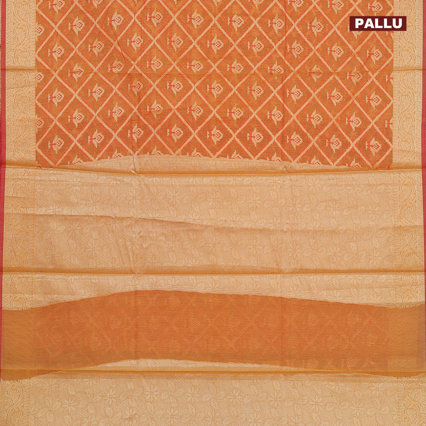 Banarasi kota saree mustard yellow and red shade with allover thread weaves and zari woven floral border