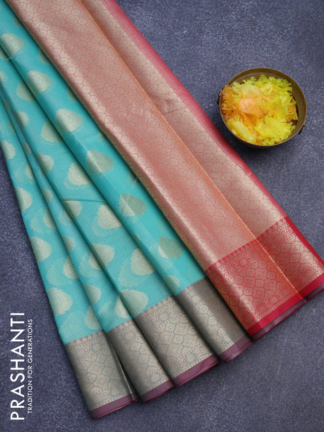 Banarasi kota saree teal blue and maroon with zari woven floral buttas and zari woven border