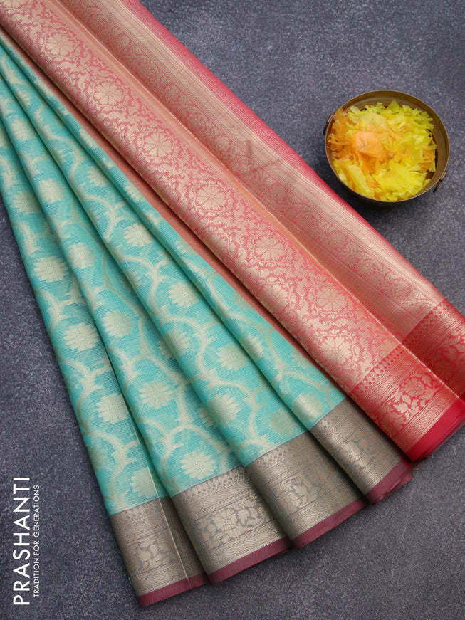 Banarasi kota saree teal blue and maroon with allover zari woven floral weaves and zari woven border