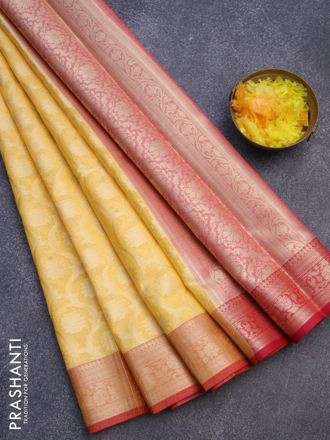 Banarasi kota saree yellow and pink with allover zari woven floral weaves and zari woven border