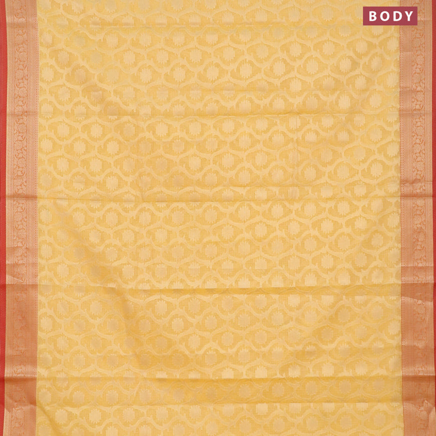 Banarasi kota saree yellow and pink with allover zari woven floral weaves and zari woven border