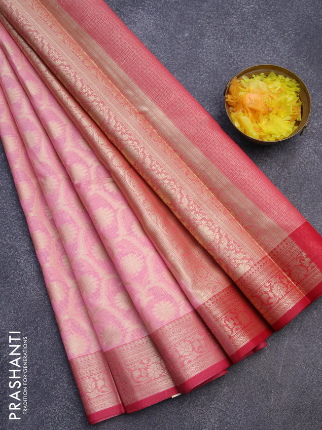 Banarasi kota saree light pink and pink with allover zari woven floral weaves and zari woven border