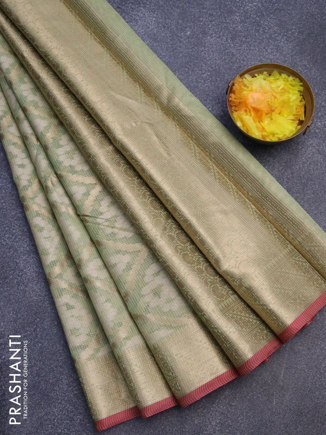 Banarasi kota saree pastel green and maroon with allover thread & zari weaves and zari woven border