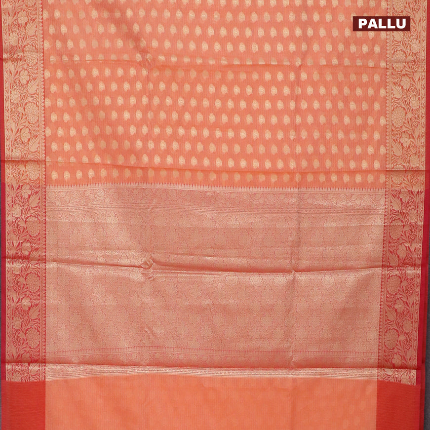 Banarasi kota saree peach orange and maroon with allover zari woven buttas and floral zari woven border