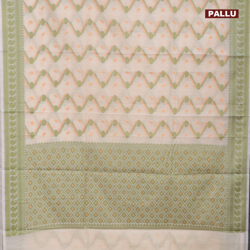 Banarasi kota saree off white and green shade with allover thread & zari weaves and paisley zari woven border