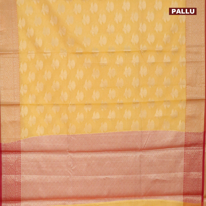 Banarasi kota saree mango yellow and pink with floral zari woven buttas and zari woven border