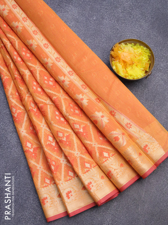 Banarasi kota saree mustard yellow and pink shade with allover thread & zari weaves and zari woven border