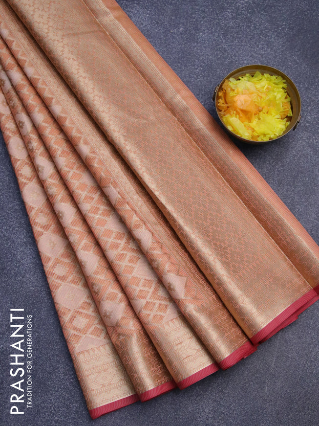 Banarasi kota saree peach orange and pink with allover thread & zari woven geometric wevaes and zari woven border