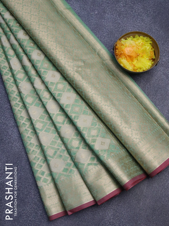 Banarasi kota saree green shade and maroon with allover thread & zari woven geometric wevaes and zari woven border