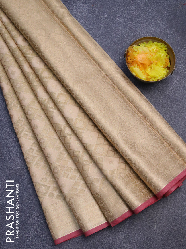 Banarasi kota saree sandal and pink with allover thread & zari woven geometric wevaes and zari woven border