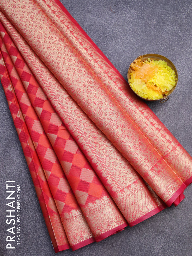 Banarasi kota saree reddish pink with allover zari woven geometric weaves and zari woven border
