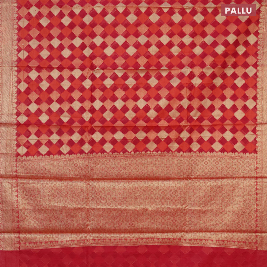 Banarasi kota saree reddish pink with allover zari woven geometric weaves and zari woven border